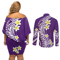 Hawaii Aloha Couples Matching Off Shoulder Short Dress and Long Sleeve Button Shirt Plumeria Vintage - Violet LT7 - Polynesian Pride