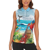Aloha Honolulu Festival Women Sleeveless Polo Shirt Ukulele By The Shore