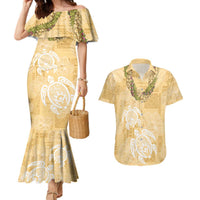 Aloha Honolulu Festival Couples Matching Mermaid Dress and Hawaiian Shirt Hawaii Kapa Mix Flowers Lei LT7 Yellow - Polynesian Pride