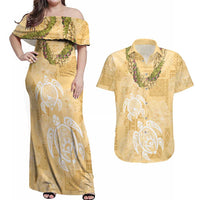 Aloha Honolulu Festival Couples Matching Off Shoulder Maxi Dress and Hawaiian Shirt Hawaii Kapa Mix Flowers Lei LT7 Yellow - Polynesian Pride