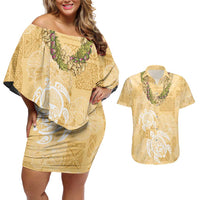 Aloha Honolulu Festival Couples Matching Off Shoulder Short Dress and Hawaiian Shirt Hawaii Kapa Mix Flowers Lei LT7 Yellow - Polynesian Pride