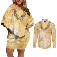 Aloha Honolulu Festival Couples Matching Off Shoulder Short Dress and Long Sleeve Button Shirt Hawaii Kapa Mix Flowers Lei LT7 Yellow - Polynesian Pride