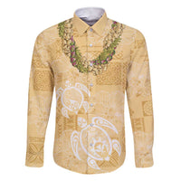 Aloha Honolulu Festival Family Matching Short Sleeve Bodycon Dress and Hawaiian Shirt Hawaii Kapa Mix Flowers Lei LT7 Dad's Shirt - Long Sleeve Yellow - Polynesian Pride