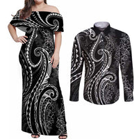 Polynesia Plumeria Lei Couples Matching Off Shoulder Maxi Dress and Long Sleeve Button Shirt Black Curves Motif