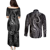 Polynesia Plumeria Lei Couples Matching Puletasi and Long Sleeve Button Shirt Black Curves Motif