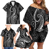 Polynesia Plumeria Lei Family Matching Off Shoulder Short Dress and Hawaiian Shirt Black Curves Motif LT7 - Polynesian Pride