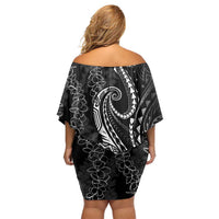 Polynesia Plumeria Lei Family Matching Off Shoulder Short Dress and Hawaiian Shirt Black Curves Motif LT7 - Polynesian Pride