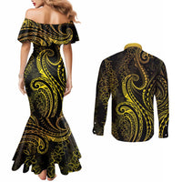Polynesia Plumeria Lei Couples Matching Mermaid Dress and Long Sleeve Button Shirt Black Gold Curves Motif