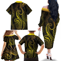 Polynesia Plumeria Lei Family Matching Off The Shoulder Long Sleeve Dress and Hawaiian Shirt Black Gold Curves Motif LT7 - Polynesian Pride