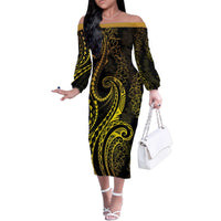 Polynesia Plumeria Lei Family Matching Off The Shoulder Long Sleeve Dress and Hawaiian Shirt Black Gold Curves Motif LT7 Mom's Dress Gold - Polynesian Pride