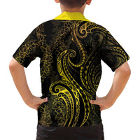 Polynesia Plumeria Lei Family Matching Off Shoulder Maxi Dress and Hawaiian Shirt Black Gold Curves Motif LT7 - Polynesian Pride