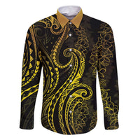 Polynesia Plumeria Lei Family Matching Off Shoulder Short Dress and Hawaiian Shirt Black Gold Curves Motif LT7 Dad's Shirt - Long Sleeve Gold - Polynesian Pride