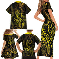 Polynesia Plumeria Lei Family Matching Short Sleeve Bodycon Dress and Hawaiian Shirt Black Gold Curves Motif LT7 - Polynesian Pride