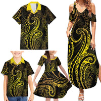 Polynesia Plumeria Lei Family Matching Summer Maxi Dress and Hawaiian Shirt Black Gold Curves Motif LT7 - Polynesian Pride