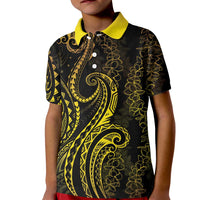 Polynesia Plumeria Lei Kid Polo Shirt Black Gold Curves Motif
