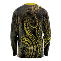 Polynesia Plumeria Lei Long Sleeve Shirt Black Gold Curves Motif