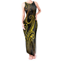 Polynesia Plumeria Lei Tank Maxi Dress Black Gold Curves Motif LT7 Women Gold - Polynesian Pride