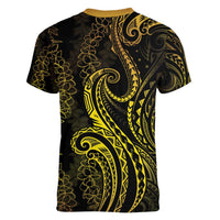 Polynesia Plumeria Lei Women V-Neck T-Shirt Black Gold Curves Motif