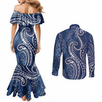 Polynesia Plumeria Lei Couples Matching Mermaid Dress and Long Sleeve Button Shirt Navy Blue Curves Motif