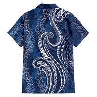 Polynesia Plumeria Lei Family Matching Off Shoulder Short Dress and Hawaiian Shirt Navy Blue Curves Motif LT7 - Polynesian Pride