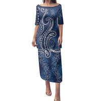 Polynesia Plumeria Lei Family Matching Puletasi and Hawaiian Shirt Navy Blue Curves Motif