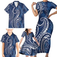 Polynesia Plumeria Lei Family Matching Short Sleeve Bodycon Dress and Hawaiian Shirt Navy Blue Curves Motif LT7 - Polynesian Pride