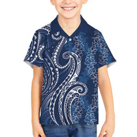 Polynesia Plumeria Lei Family Matching Tank Maxi Dress and Hawaiian Shirt Navy Blue Curves Motif LT7 Son's Shirt Navy Blue - Polynesian Pride