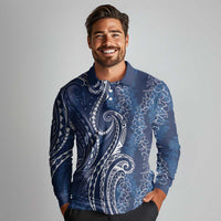 Polynesia Plumeria Lei Long Sleeve Polo Shirt Navy Blue Curves Motif
