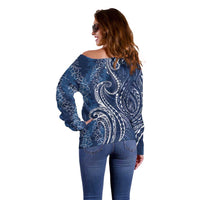 Polynesia Plumeria Lei Off Shoulder Sweater Navy Blue Curves Motif LT7 - Polynesian Pride