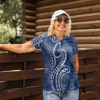 Polynesia Plumeria Lei Women Polo Shirt Navy Blue Curves Motif LT7 - Polynesian Pride