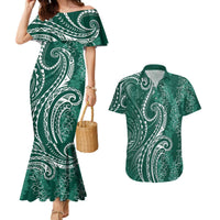 Polynesia Plumeria Lei Couples Matching Mermaid Dress and Hawaiian Shirt Sage Green Curves Motif