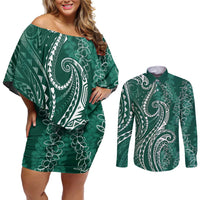 Polynesia Plumeria Lei Couples Matching Off Shoulder Short Dress and Long Sleeve Button Shirt Sage Green Curves Motif