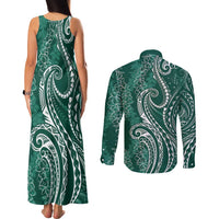 Polynesia Plumeria Lei Couples Matching Tank Maxi Dress and Long Sleeve Button Shirt Sage Green Curves Motif