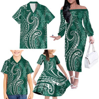 Polynesia Plumeria Lei Family Matching Off The Shoulder Long Sleeve Dress and Hawaiian Shirt Sage Green Curves Motif LT7 - Polynesian Pride