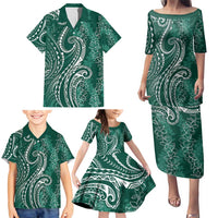 Polynesia Plumeria Lei Family Matching Puletasi and Hawaiian Shirt Sage Green Curves Motif