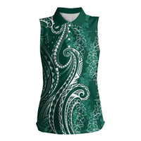 Polynesia Plumeria Lei Women Sleeveless Polo Shirt Sage Green Curves Motif