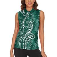 Polynesia Plumeria Lei Women Sleeveless Polo Shirt Sage Green Curves Motif