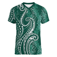 Polynesia Plumeria Lei Women V-Neck T-Shirt Sage Green Curves Motif