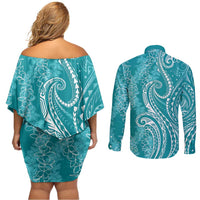 Polynesia Plumeria Lei Couples Matching Off Shoulder Short Dress and Long Sleeve Button Shirt Teal Curves Motif