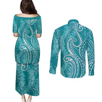 Polynesia Plumeria Lei Couples Matching Puletasi and Long Sleeve Button Shirt Teal Curves Motif