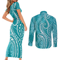 Polynesia Plumeria Lei Couples Matching Short Sleeve Bodycon Dress and Long Sleeve Button Shirt Teal Curves Motif