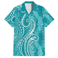 Polynesia Plumeria Lei Family Matching Long Sleeve Bodycon Dress and Hawaiian Shirt Teal Curves Motif LT7 Dad's Shirt - Short Sleeve Teal - Polynesian Pride