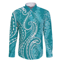Polynesia Plumeria Lei Family Matching Short Sleeve Bodycon Dress and Hawaiian Shirt Teal Curves Motif LT7 Dad's Shirt - Long Sleeve Teal - Polynesian Pride