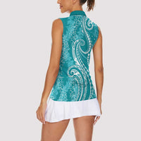 Polynesia Plumeria Lei Women Sleeveless Polo Shirt Teal Curves Motif