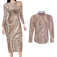 Polynesia Plumeria Lei Couples Matching Long Sleeve Bodycon Dress and Long Sleeve Button Shirt Beige Curves Motif