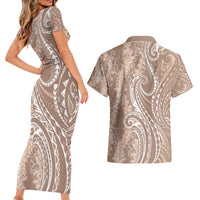 Polynesia Plumeria Lei Couples Matching Short Sleeve Bodycon Dress and Hawaiian Shirt Beige Curves Motif