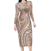 Polynesia Plumeria Lei Family Matching Long Sleeve Bodycon Dress and Hawaiian Shirt Beige Curves Motif LT7 Mom's Dress Beige - Polynesian Pride