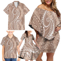 Polynesia Plumeria Lei Family Matching Off Shoulder Short Dress and Hawaiian Shirt Beige Curves Motif LT7 - Polynesian Pride