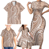 Polynesia Plumeria Lei Family Matching Short Sleeve Bodycon Dress and Hawaiian Shirt Beige Curves Motif LT7 - Polynesian Pride