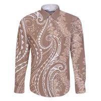 Polynesia Plumeria Lei Family Matching Short Sleeve Bodycon Dress and Hawaiian Shirt Beige Curves Motif LT7 Dad's Shirt - Long Sleeve Beige - Polynesian Pride